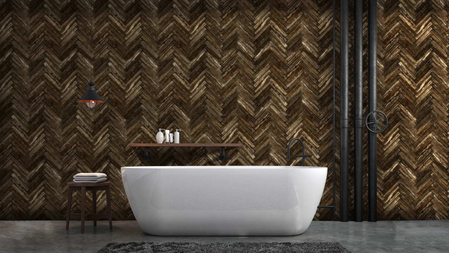 Dark bathroom with a Titanium marble herringbone wall