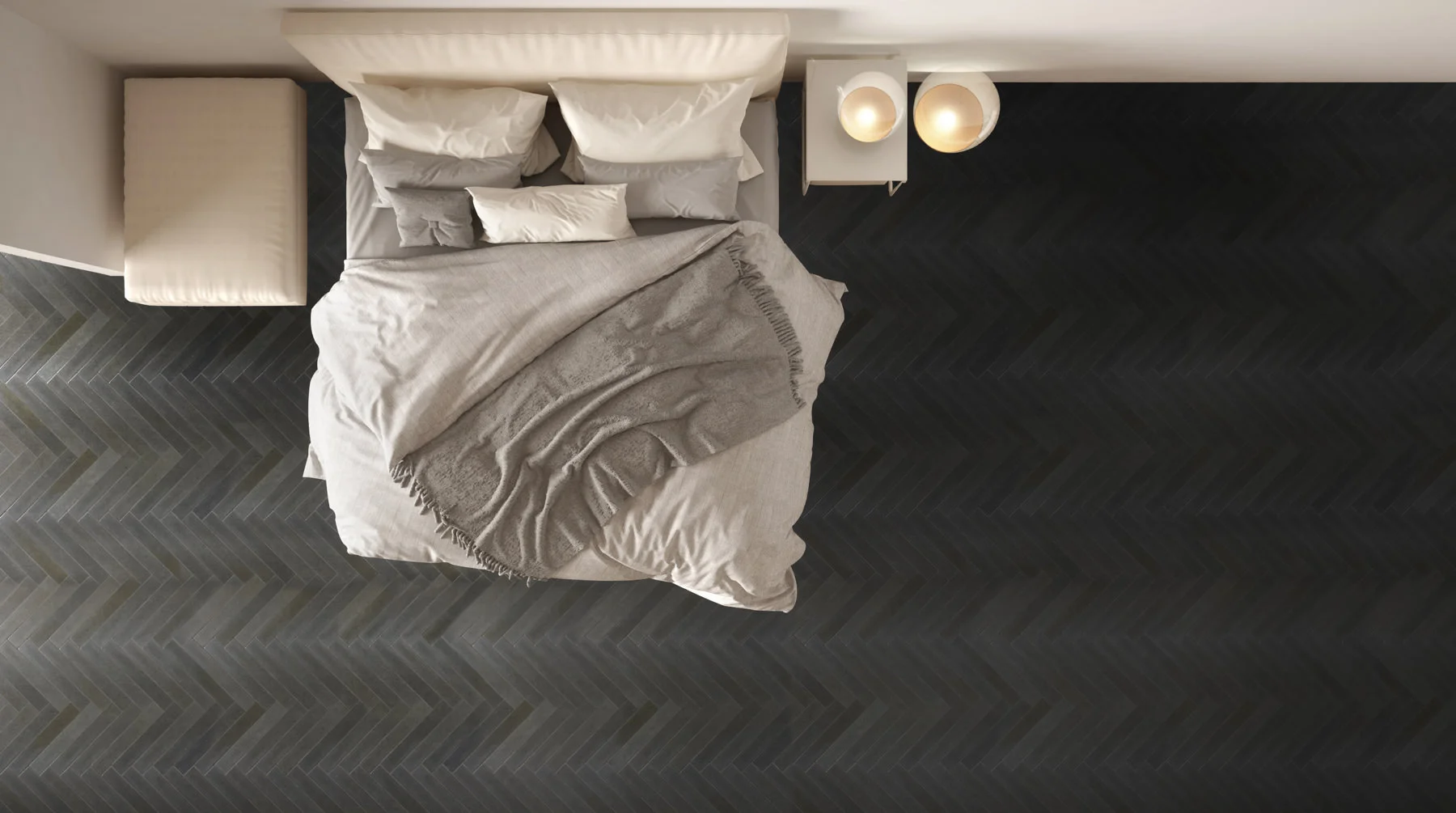 Bedroom with a blue marble herringbone floor
