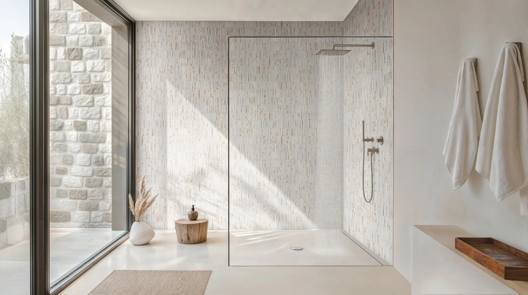 Shower in Calacatta marble stick tile