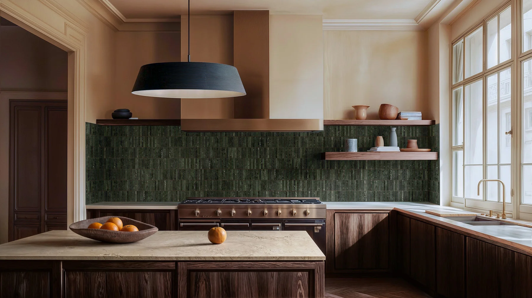 Kitchen in Verde Alpi marble stick tile