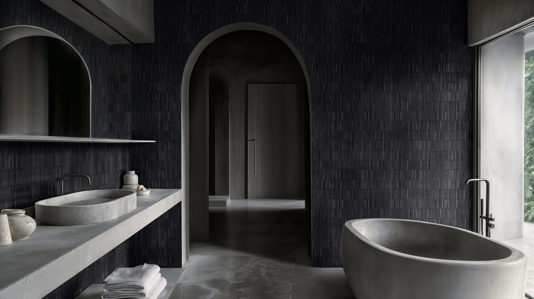 Dark kitchen in Calacatta marble stick tile