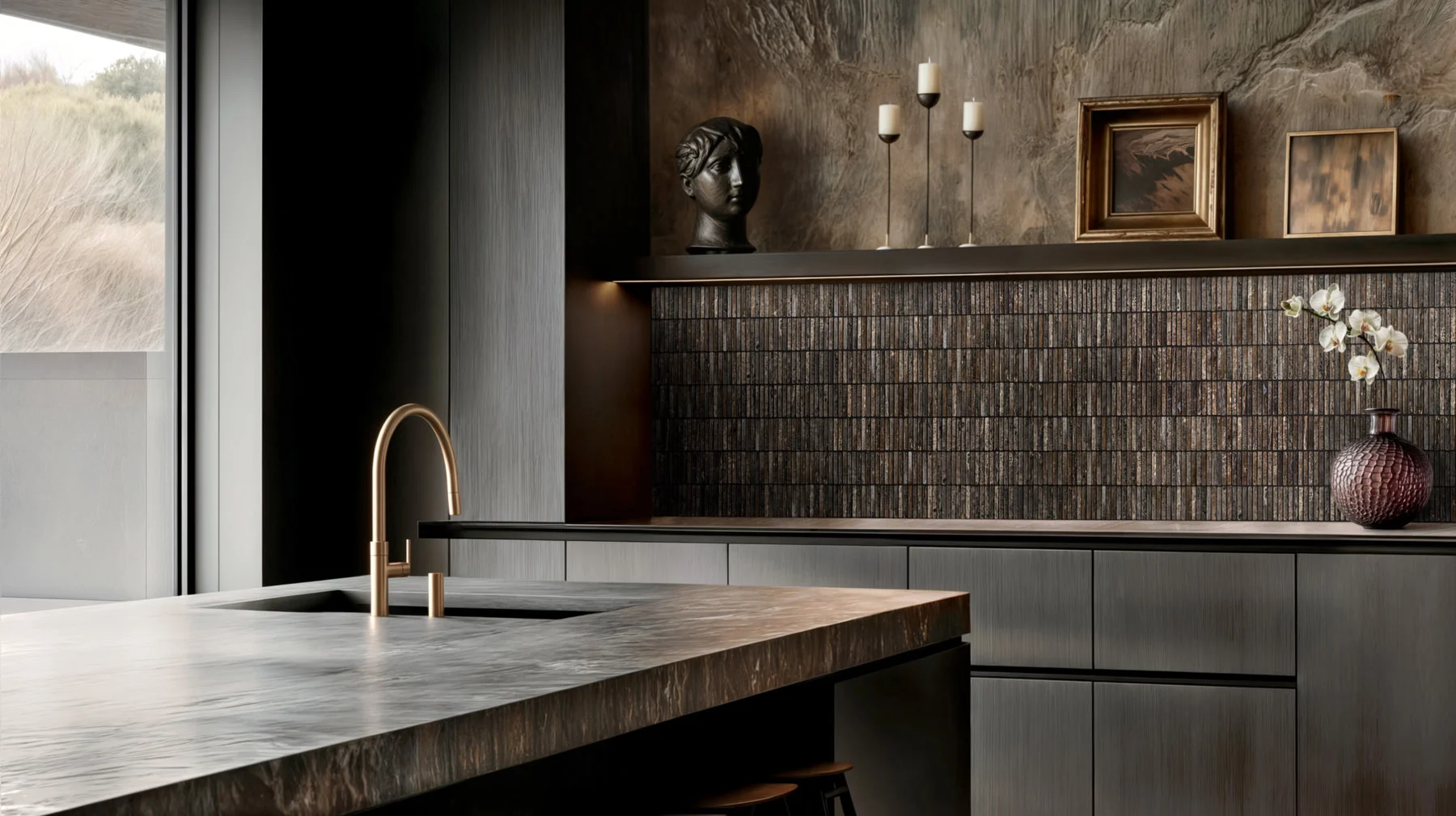 Kitchen backsplash in Titanium marble
