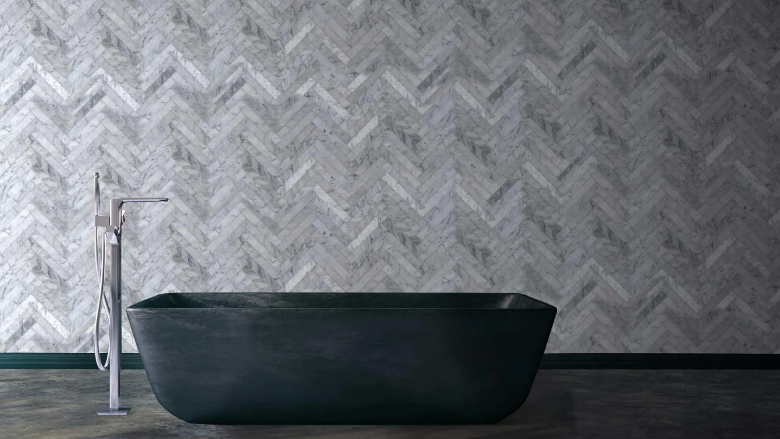 Bathroom with a marble herringbone tile wall