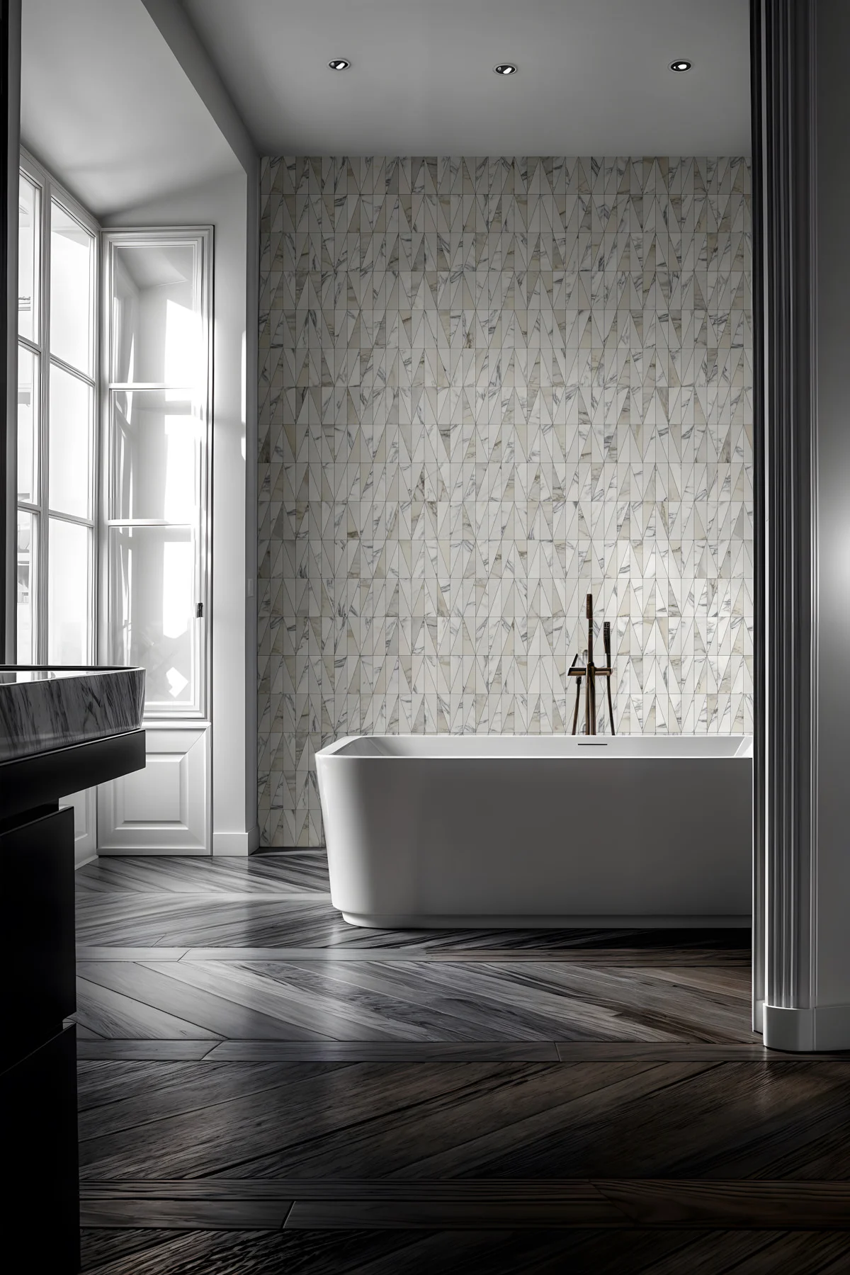 Bathroom with a marble Tetris composition